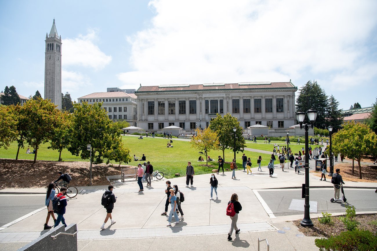 A view of the university library and the clock tower at University of California, Berkeley