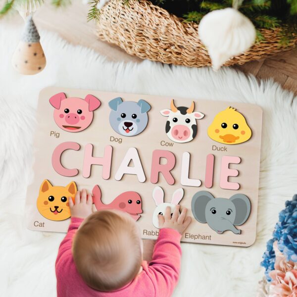 Animals Puzzle with Custom Baby Name, Personalized Name Puzzle, Zuzu Puzzle Licensed Puzzle, Baby Girl Gift, Baby Boy Gift, Handmade Wooden