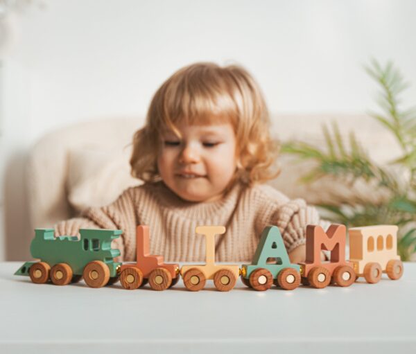 Boho Personalized Train | Train Name With Magnets First Birthday Gift Baby Toys Wooden Train With Railway Fidget Toys For Kids Nursery Decor