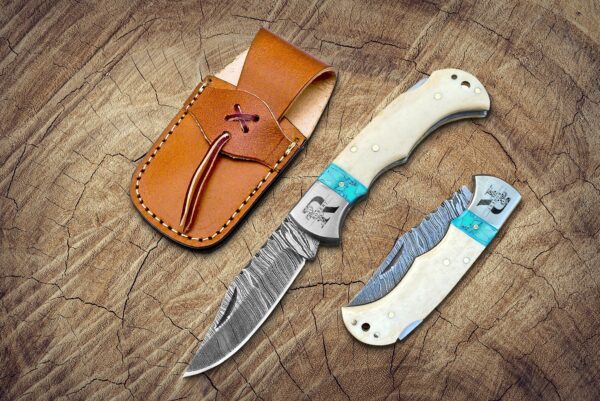 Handmade Damascus Pocket Knife Bone and turquoise Handle Folding Knife Birthday Gift Groomsmen Gift Wedding Personalized Gifts for him