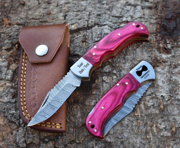 Handmade Damascus Pocket Knife pink Handle Birthday Gift Folding Knife Groomsmen Gift Anniversary Wedding Gift Thanksgiving Gift Love