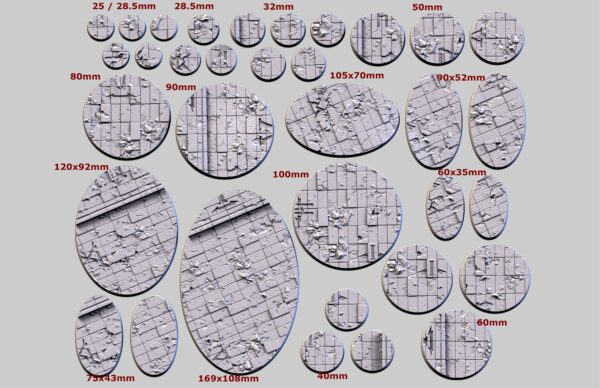 Ruined Palace bases - Txarli Factory 2, 25mm, 28.5, 32, 40, 60, 80, 90, 100 round plus  60x35, 75x43, 90x52, 105x70, 120x92, 169x108mm oval