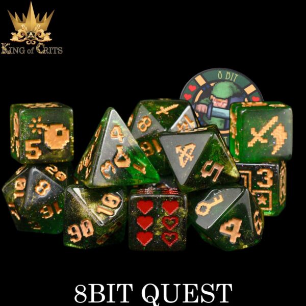 8BIT Quest Exclusive 11 Dice Set | Definitely NOT Zelda Inspired DND DICE Design | King of Crits Brand