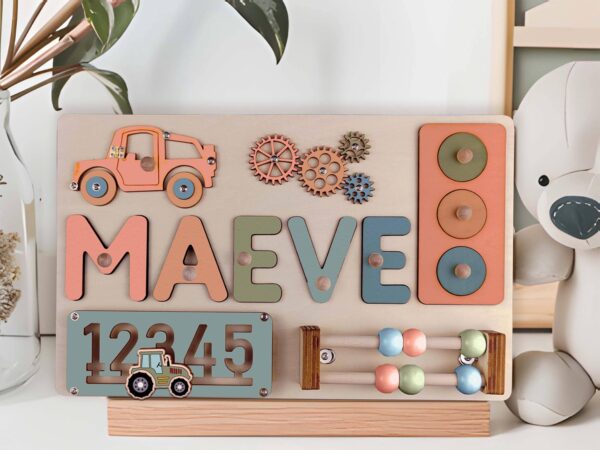 Montessori Busy Board Name Puzzle Baby Personalized Baby Toy for Toddler- Wooden Puzzle with 1st Birthday or Baby Shower Gift