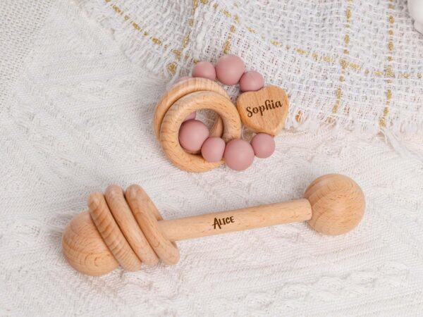 Personalised Rattle Sensory Toy, Personalised Baby Shower Gift, Personalised Baby Engrave Gift, Heart Sensory Baby Toy Wooden Ring,